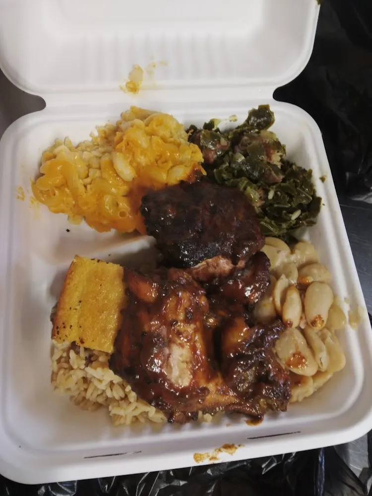 BBQ Chicken Dinner Collard Greens Mac and Cheese Rice and Beans Corn Bread
