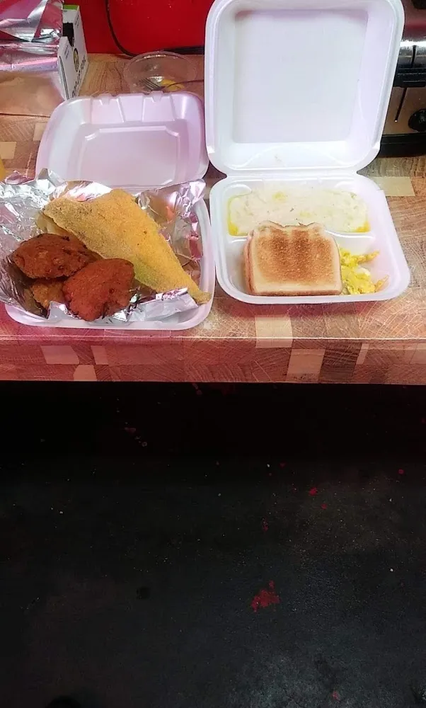 Salmon Patties Haddock Grits Eggs and Toast